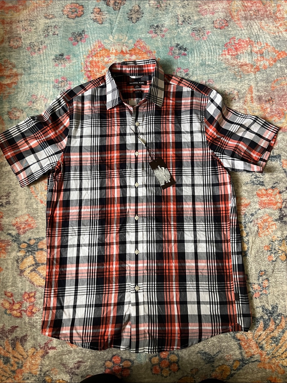 Michael Kors Men’s Short-Sleeve Plaid Button-Down Shirt - Red, Black, White
